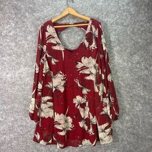 Entro Dress Womens XL Red Floral Long Sleeve Cutout Back Swing Boho Knee Length.